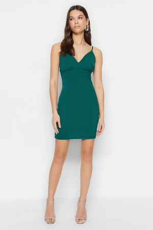 Trendyol Green Fitted V-Neck Knitted Mini Dress with Crepe Straps