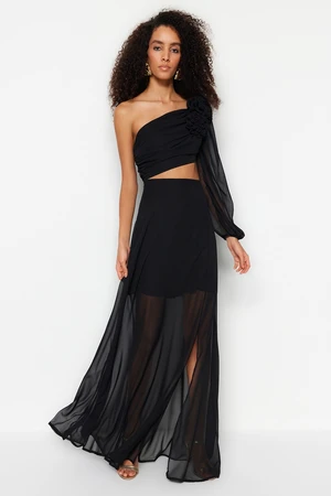 Trendyol Black Lined Window/Cut Out Detailed Chiffon Long Evening Evening Dress