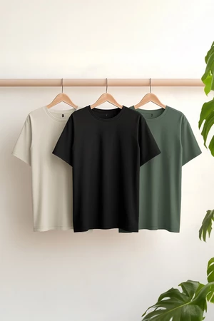 Trendyol Black-Stone-Dark Green Basic Slim/Slim Fit 100% Cotton 3-Pack T-Shirt