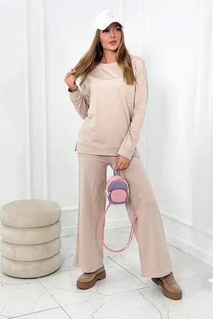 Cotton Set Sweatshirt + Wide Leg Trousers Light Beige