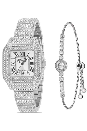 Polo Air Luxury Stone Large Case Roman Numeral Women's Wristwatch Zircon Stone Bracelet Combination Silver Color