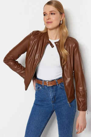 Trendyol Brown Faux Leather Biker Jacket Coat