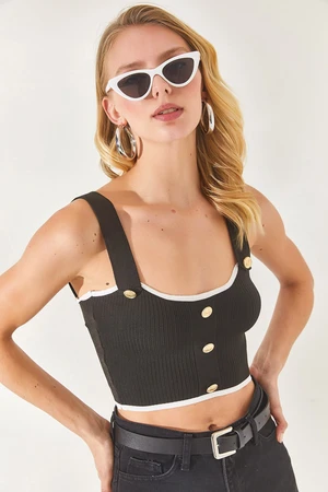 Olalook Women's Black Halter Button Detailed Crop Knitwear Blouse