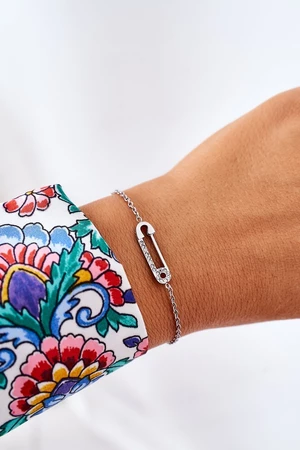 Wrist with safety pin with zircons silver