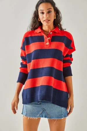 Olalook Women's Red Navy Blue Polo Neck Striped Buttoned Thick Knitwear Sweater