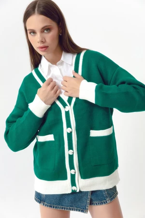 Lafaba Women's Emerald Green Colored Knitwear Cardigan with Pocket Detail.