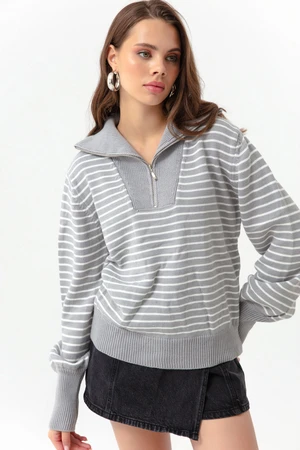 Lafaba Women's Gray Zipper Detailed Striped Knitwear Sweater