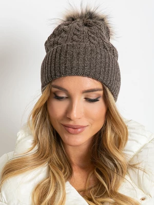 Knitted cap with fur pompom, dark brown