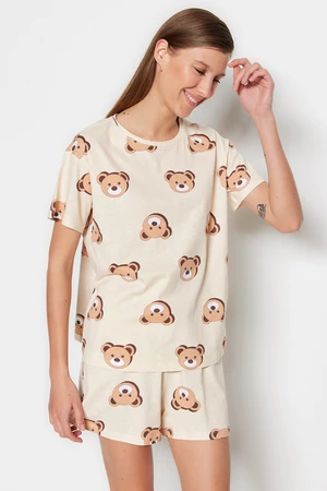 Trendyol Ecru 100% bavlnené pyžamo s medvedíkom - tričko a šortky