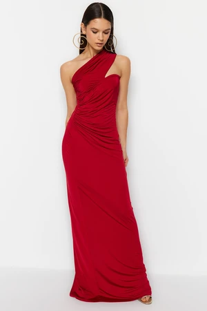 Trendyol Burgundy One-Shoulder Gathered Detailed Long Evening Evening Dress