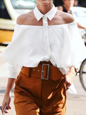 Off Shoulder Button Lapel Daily Casual Blouse For Women
