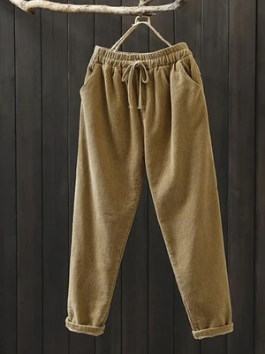 Women Corduroy Solid Simple Vintage Drawstring Elastic Waist Pants