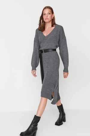 Trendyol Anthracite Maxi Knitwear V-Neck Dress