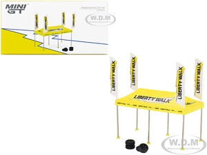 Paddock Service Tent Set with Extra Wheels "Liberty Walk-LB Racing" for 1/64 Scale Models by True Scale Miniatures