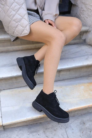 Madamra Black Women's Suede Lacing Detail Bootie