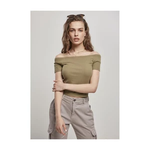 Women's t-shirt in khaki color with a stretched shoulder