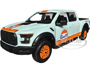 2017 Ford F-150 Raptor Pickup Truck Light Blue with Orange Stripes "Gulf Oil" "Gulf Die-Cast Collection" 1/27 Diecast Model Car by Motormax