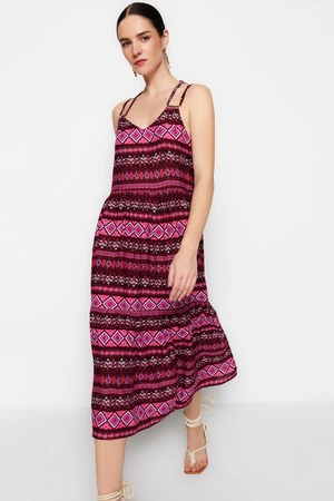 Trendyol Red Straight Cut Midi Woven Back Detail Ethnic Patterned Woven Dress