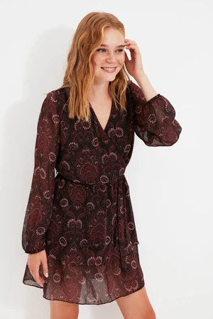 Trendyol Burgundy Belted A-Line Mini Chiffon Woven Dress