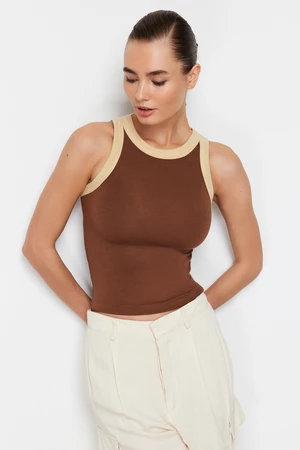 Trendyol Brown Barbell Neck Contrast Piping Detail Ribbed Elastic Knitted Undershirt