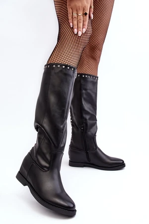 Women's knee-high boots decorated with studs, black Bevitis