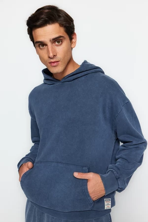 Trendyol Limited Edition Indigo Men's Basic Relaxed Hoodie with a Faded Effect 100% Cotton Sweatshirt.