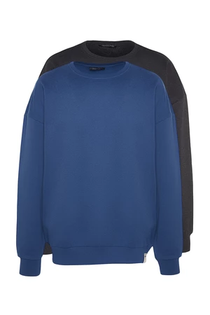 Trendyol Navy Blue-Anthracite Men's 2-Pack Basic Oversized Crew Neck Sweatshirt with a Soft Pile with Label.