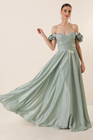 By Saygı Lettuce Shoulders Lined Draping Glittery Long Dress Mint