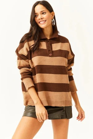 Olalook Women's Brown Polo Collar Striped Thick Knitwear Sweater