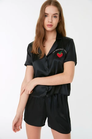 Trendyol Black Embroidered Satin Shirt-Shorts Woven Pajama Set