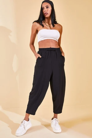XHAN Women's Black Elastic Waist Slouchly Trousers
