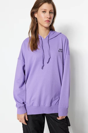 Trendyol Purple Wide fit Oversize Knitted Embroidery Detail Hooded Sweatshirt
