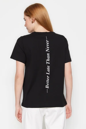 Trendyol Black 100% Cotton With Slogan Print On The Back Basic Crew Neck Knitted T-Shirt