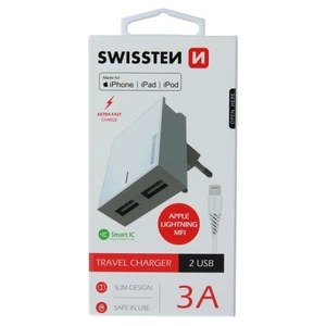 Gyorstöltés Swissten Smart IC 3.A 2 USB konektorral + Adatkábel USB / Lightning MFi 1,2 m, fehér