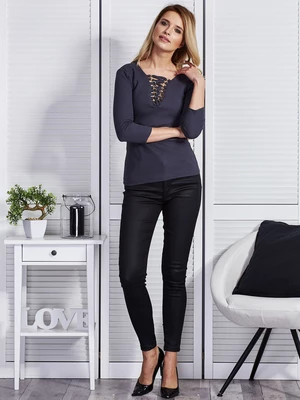 Lady's dark gray blouse with lace neckline