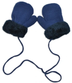 Zimní kojenecké rukavičky s kožíškem - se šňůrkou YO - jeans/granátový kožíšek, vel. 80-92 (12-24m)