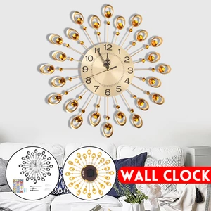 21.3'' Luxury Peacock Estink Metal Diamonds Decorative Wall Clock Living Room