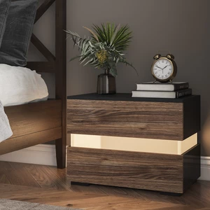 Hommpa LED Modern Design Nightstand Bedside Table Cabinet with 2 Drawers Brownfor Bedroom Living Room