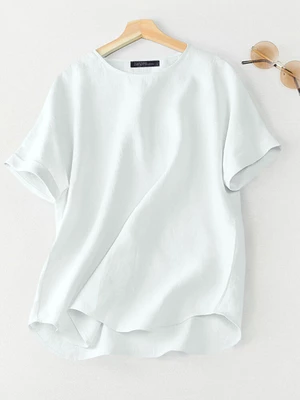 Women Solid Crew Neck Casual Short Sleeve Blouse