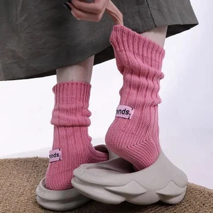 Korean Needle Thick Thread Knitted Middle Tube Socks Cotton Japanese Simple Pink Label Men Women Couples Sports Stacked Socks