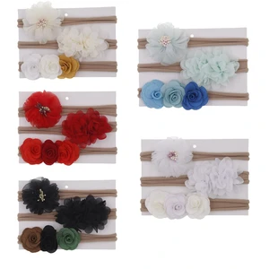 New 3pcs/lot Chiffon Flower Baby Girls Headband Set Cute Rose Flower Kids Newborn Nylon Hair Bands Headwear Photography Props