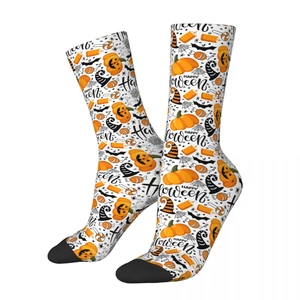 Halloween Black Orange Backdrop Pumpkins Candle Witch Hat Bat Spider Cobweb Men Women Socks Winter Stockings Gift
