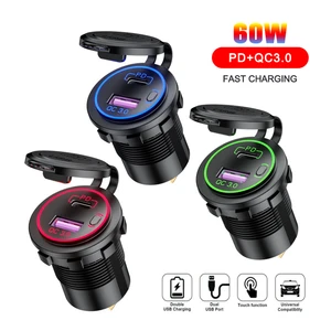 60W PD Type C/QC 3.0 USB Fast Charger 12V/24V Car Power Outlet Dual Ports Voltmeter ON/Off Switch for Car Truck Boat Motorcycle