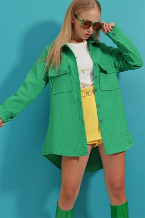 Trend Alaçatı Stili Women's Green Double Pocket Quilted Patterned Regular Jacket