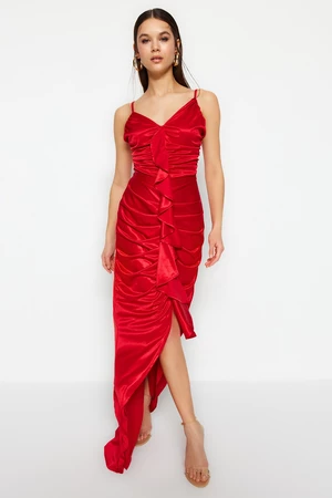 Trendyol Red Knitted Satin Flounce Long Evening Evening Dress
