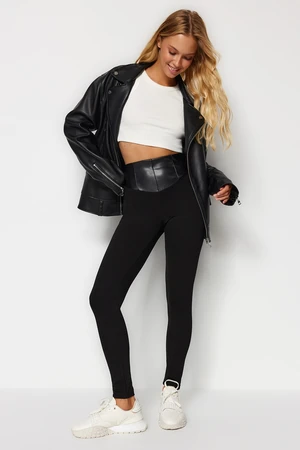 Trendyol Black Leather Detail High Waist Interlock Knit Leggings