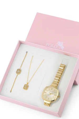 Polo Air Elegant Thin Cord Women's Wristwatch Zircon Stone Necklace Bracelet Special Combination Set Gold Color