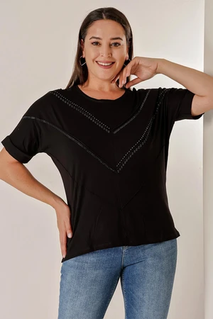 By Saygı Plus Size Blouse with Bat Short Sleeves and Stone Print on the Front.