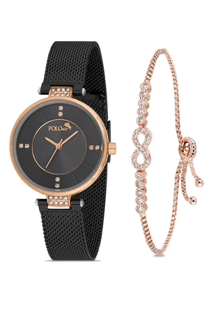 Polo Air Stylish Wicker Cord Women's Wristwatch Zircon Stone Infinity Bracelet Combination Gold Color