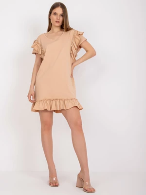 Beige minidress with frills and short sleeves